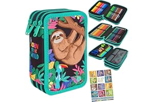 Goldkids Federtasche 3-fache Federmappe Schülerplaner Faultier Federmäppchen 46-teilig gefüllte Schüleretui Stifte und Pinsel Hausaufgabenheft Stiftetasche Schlamper-Etui Schul-Etui Mädchen Jungen