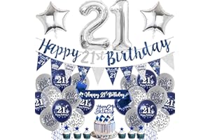 Aurmonigo 21st Birthday Decorations for Him - Blue and Silver Happy Birthday Banner Balloons Cake Topper Number 21 Foil Balloon, Sash Bunting Party Supplies for 21 Years Old Theme Decor