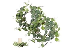 DEARMAMY 2 Candle Rings & Wreaths - Artificial Eucalyptus Leaves Wreaths & Pillar Candle Holder for Wedding, Party, Home & Easter Decor