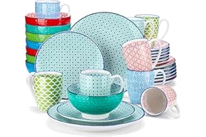 vancasso Macaron Dinnerware Set 32 Pieces Porcelain Dinner Set - Multicolour Japanese Dinner Service Mediterranean Crockery with Dinner Plate, Dessert Plate, Cereal Bowl and Mug, Service for 8