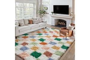 HUGEAR Puszysty dywan w kratkę do salonu, duży dywan 200 x 300 cm, wielokolorowy i biały, do sypialni, kudłaty, miękki, gruby dywan, dekoracja do pokoju dziecięcego dziewczynki, salon, żłobek