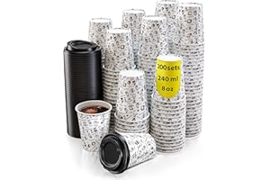 CUPCUP 200 Gobelets Carton pour Café à Emporter - Tasse Café 240ml avec Couvercles et Agitateurs en Bois pour Servir le Café, le Thé, des Boissons Chaudes et Froides