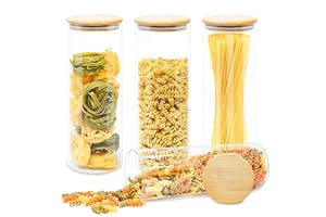LG Luxury & Grace Pack 4 Botes de Cristal, 1,9 L (28,5x10 cm). Tarros de Cocina con Tapa de Bambú. Envases para Alimentos con Anilla de Silicona. Incluyen Etiquetas y Rotuladores.