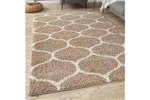 THE RUGS Shaggy Rug – Modern Moroccan Design Rugs for Living Room, Bedroom, Hallway, 3 cm Thick Area Rugs, (Trellis Beige/Ivory, 80x150cm)