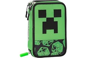 FRANCO COSIMO PANINI MINECRAFT - Astuccio Scuola Ufficiale Minecraft, Astuccio 3 Scomparti Bambini e Ragazzi con Set Cancelleria Incluso, 5 Etichette Adesive Portanome e Pratica Chiusura a Zip, 13x20Hx7 cm