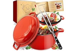 KRUSTENZAUBER Pentola in ghisa [con forchetta per carne] – alta qualità 26 cm adatta al forno – ideale arrosto con coperchio adatto al forno, pentola a induzione, pentola smaltata, cast Iron