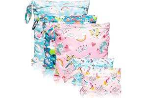 R HORSE 5Pcs Waterproof Reusable Wet Bag Diaper Baby Cloth Diaper Wet Dry Bags with 2 Zippered Pockets Travel Beach Pool Bag with Unicorn Pattern (3 Sizes)