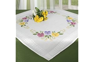KAMACA Stickpackung Tischdecke 80x80 cm Kreuzstich-Set Blumen vorgedruckte Stickdecke inkl. Stickgarn Stickvorlage und Anleitung Stickset zum Selbersticken für Erwachsene (Stiefmütterchen MD 80x80 cm)