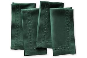 O'LUCIO AUTHENTIQUE HOME O'lucio Linen Napkins Cloth - Forest Green 45 x 45 cm, Set of 4 Linen Hemstitch Dinner Napkins with Embroidered Dot - Cloth Napkins Washable Handcrafted from French Linen for Spring, Summer Holidays