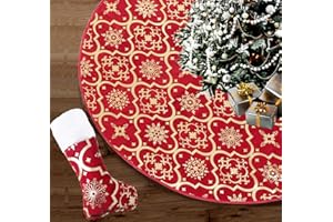 POJAH Manta de árbol de Navidad de 91 cm, Manta de árbol de Navidad con Medias de Navidad, Falda de árbol de Navidad con patrón de Copo de Nieve Manta de Navidad para Navidad, Vacaciones, Fiesta (Rojo)