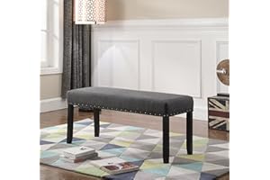 Roundhill Furniture Biony Fabric Dining Bench with Nailhead Trim, Grey