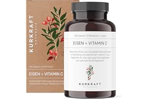 ‎KURKRAFT Natürliches Eisen + Vitamin C - 180 Kapseln - Curryblatt Wasserextrakt & Hagebutte - 14-28mg Eisen je Kapsel - 3-6 Monatsvorrat- Laborgeprüft - in Deutschland produziert