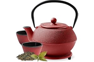 Tealøv THEIERE FONTE 1,1 LITRE SET COMPLET | BOÎTE CADEAU | Service à Thé en Fonte avec Théière, 2 Tasses & Dessous Théière | Entièrement Émaillée de l'Intérieur | Design De Style Japonais | Rouge