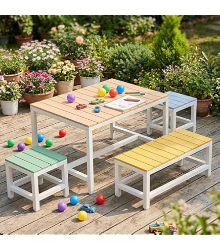 COIL Tuinmeubel, kindertafel met parasol, zitgroep voor kinderen, outdoor, veelzijdige kinderzitgroep, picknicktafel voor kinderen vanaf 3 jaar, kinderzitgarnituur, outdoor, blauw