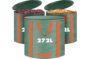 LUOJINYI Lot de 3 sacs à déchets de jardin de 272 l, solides, autoportants, avec couvercle et poignées, réutilisables, ramasse-feuilles verts, ramasse-feuilles pour coupe verte, tonte de gazon