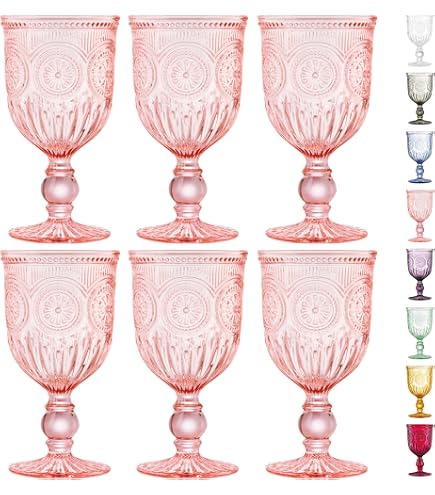 Glass Goblets Black Vintage Wine Glasses Set Of 6, 10 Ounces Colored Glass Water Goblets, Unique Floral Embossed Pattern High Clear Stemmed Glassware Wedding Party Bar Drinking Cups Fancy Glasses Hand Wash