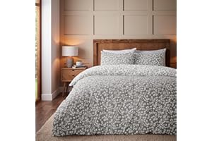 Catherine Lansfield Odwracalna pojedyncza poszewka na kołdrę ze szczotkowanej gracji z kwiatowym liściem i poszewką na poduszkę, szara