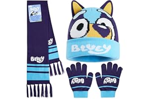 Bluey Winter Hat & Gloves Set for Girls 3-6 Years, 2 or 3 Pcs Warm Cosy Soft Knit Beanie, Gloves & Scarf, Cute Gifts for Kids
