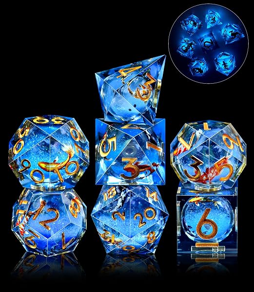 SIQUK 7 Pezzi Poliedrici Set Dadi da Gioco Luminosi Nucleo Liquido DND in Resina Koi Fish D4 D6 D8 D10 D12 D20 D% per RPG MTG - 1