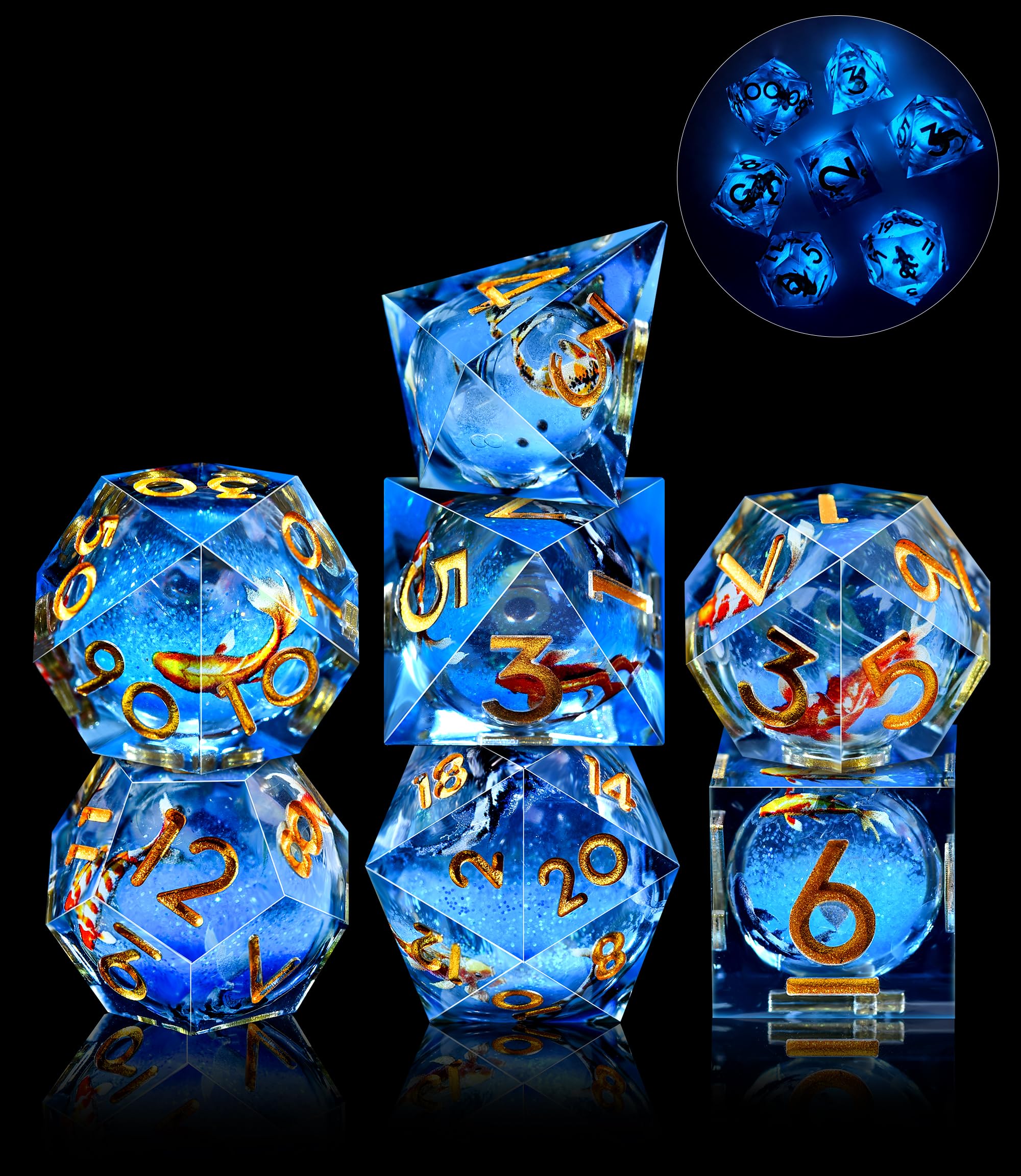 SIQUK 7 Piezas Juego Dados Poliedricos Con Nucleo Liquido Luminosos Dice DND Koi Fish D4 D6 D8 D10 D12 D20 D% para RPG MTG Dungeons and Dragons - 1