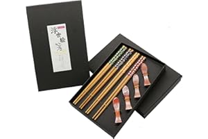 Exzact Palillos 4 pares de palillos de bambú natural reutilizables con 4 apoyos para palillos de madera, en una hermosa caja negra hecha a mano, estilo japonés decorado