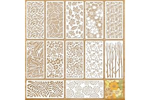 JSRQT 12 Pièces Pochoirs de Textures Florales, Modèle de Dessin de Textures Décoratives Feuilles, Set de Pochoirs Réutilisables en Plastique pour Meuble Sol Toile Bois Verre et Fabrication de Cartes