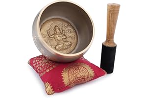 Ajuny Set di Campane Tibetane in Ottone con Bastone e Cuscino per Yoga Guarigione dei Chakra Sollievo Dallo Stress Sonora Meditazione Artigianale Regali per Donne e Uomini (Beige Dorato)