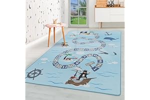 HomebyHome Tappeto per Bambini Tappeto Cameretta Bambino Disegno Pirata Blu 80x120 cm - Tappeto Pelo Corto Tappeto Camera Ragazzo - Tappeto Camera dei bambini Sala giochi Tappeto Cameretta Bambina