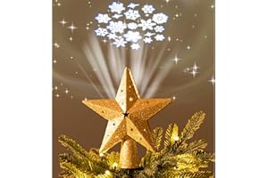VALERY MADELYN Christbaumspitze, 20cm Gold Stern Weihnachtsbaumspitze mit ABS-Kunststoff,dynamische Schneesturmprojektion, Batteriefach, deko Weihnachten,Thema Gold(Batterien Nicht enthalten)