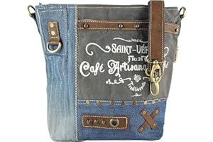 Sunsa Damska torba na ramię. Torba na ramię z płótna z recyklingu dżinsy i skóra. Duża torba na crossbody w stylu vintage. Zrównoważona szara torebka jako pomysły na prezent dla kobiet/dziewcząt,