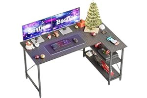 Bestier 140 x 90CM Wider Desktop L Shaped Desk Small Corner Desk with Shelves Reversible Computer Desk Writing Table with Bookshelf for Home Office Small Space (140CM, Carbon Fiber Black)