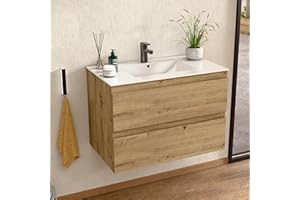 BELLOBATH - Mueble Baño Suspendido con Lavabo de Cerámica, Mueble Baño con Lavabo Montado con 2 Cajones, 80 x 55 x 46 cm, Mueble Roble