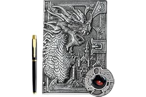 FENGCO 3D Drachen Vintage Tagebuch+Stift Set,A5 Notizbuch Liniert,Personal Organizer DND Journal Notebook Planner,GeburtstagGeschenk für Männer Frauen Erwachsene Kinder (Silver)