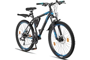 Licorne Bike Effect Rower górski klasy premium, aluminiowy, rower dla chłopców, dziewcząt, mężczyzn i kobiet, 21-biegowa przerzutka, rower męski – czarny/ niebieski, 2 x hamulec tarczowy