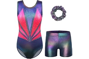 ZNYUNE Fille Justaucorps Gymnastique Couleur Dégradé avec Short et Bandeau pour Filles 3 à 16 Ans
