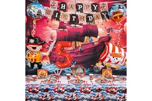 Sylphlikeoniric Kindergeburtstagsparty-Dekorationen 5 Jahre, Piraten Geburtstag Deko 5 Jahre Party Set, Piraten Servietten Luftballons Banner Teller Tasse Tischdecke Stroh (Piraten Geschirr 5 Jahre)