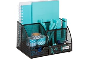 DASHER PRODUCTS Organizer da Scrivania e Accessori da Ufficio, Organizer da Ufficio a 6 Scomparti, con Cassetto Scorrevole, Portaoggetti da Scrivania per Riporre Penne, Quaderni, Pinzatrici, Graffette (Nero - 1 pz)