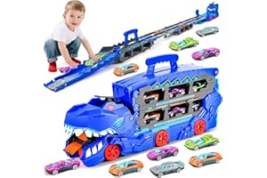 MOMOSTAR Camion de Transporteur Voiture Enfant, 185cm Voiture Jouet Portable Dinosaur Truck avec Éjecteurs et 10 Mini Voitures, Circuit Voiture Enfant Jouet, Cadeaux Jouets Enfants 3+ Ans