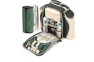 Greenfield Collection 2 Person Deluxe Picnic Set Rucksack With Flask With Matching Picnic Blanket; Picnic Hamper Includes Cutlery Set; Perfect Waterproof Coolbag Backpack for Outdoors - Green