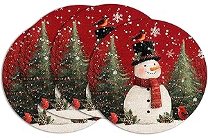 BGFUO Snowman Cardinals Trees Christmas Round Placemats for Dining Table, 15 Inch Seasonal Winter Birds Xmas Holiday Rustic Vintage Thanksgiving Washable Table Mats Set of 4