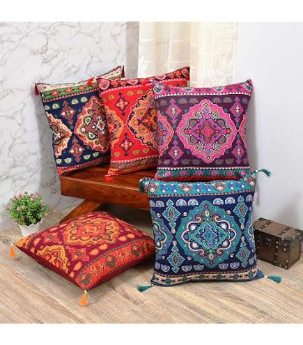 ANJANIYA 2 Pack Embroidery Sequin Cushion Covers – 16x16 Inch Indian Boho Throw Pillow Covers, Cotton, Grey