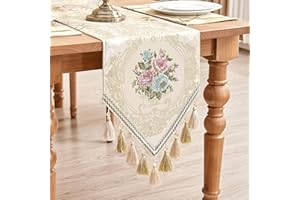 TOPLUXE Table Runner with Tassels, Floral Table Runner for Dining Room/Restaurant/Banquet/Festival Decoration (33x180cm, Beige)