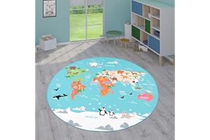 Paco Home Kids Rug, Play Mat Playroom Rug, Animals Roads Cars Maps Treasure Hunt Pirates, Size:Ø 160 cm round, Colour:Turquoise