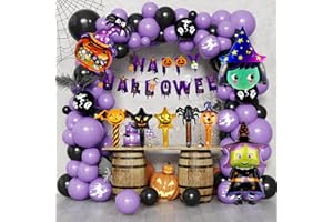 OBCARN 2024 60 decoraciones de globos de halloween, globos de látex púrpura, decoraciones de fiestas de Halloween interiores y exteriores, globos de papel de aluminio de bruja púrpura