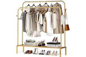 JOISCOPE Perchero Metálico Gran Capacidad, Perchero doble Varilla Perchero con Estantes 2 Postes de Ropa 1 Capa de Almacenamiento, Burros Percheros de Ropa Resistente, uno Burro Ropa 111*141.5cm Oro