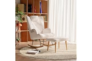 KeepGoon Mecedora con taburete, mecedora para sala de estar, silla de balancín, columpio, suave mecedora de peluche con reposacabezas, bolsillos laterales y reposapiés, color blanco