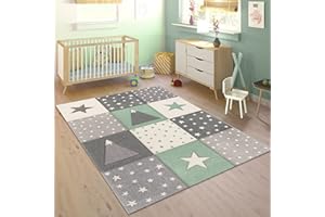 Paco Home Tappeto Bambini Cameretta Pastello 3D Polkadot Con Stelle Verde Grigio Crema, Dimensione:120x170 cm