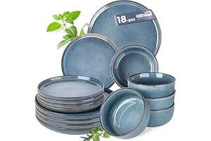 GBhome Stoneware Dinner Sets for 6 People, 18 Pieces Handcrafted Plates and Bowls Set, Scratch Resistant Dinnerware Set, Dishwasher & Microwave Safe Dishes, Space Blue
