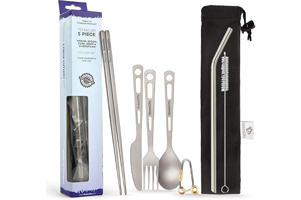 finessCity Ménagère utilitaire en titane ultra résistant ultra léger (Ti), 3/4/5 pièces de paille baguettes couteau, fourchette, cuillère, pour usage domestique, voyage, camping, etc., Argenté