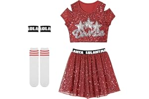 LOLANTA Trajes de Baile con Lentejuelas para niñas, Ropa de Baile Brillante de Jazz Hip Hop, Tops Cortos con Falda de 5 a 12 años